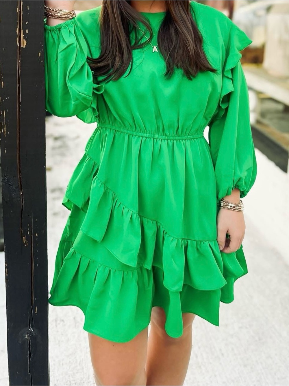 Umgee Kelly Green Ruffle Long-Sleeve Mini Dress